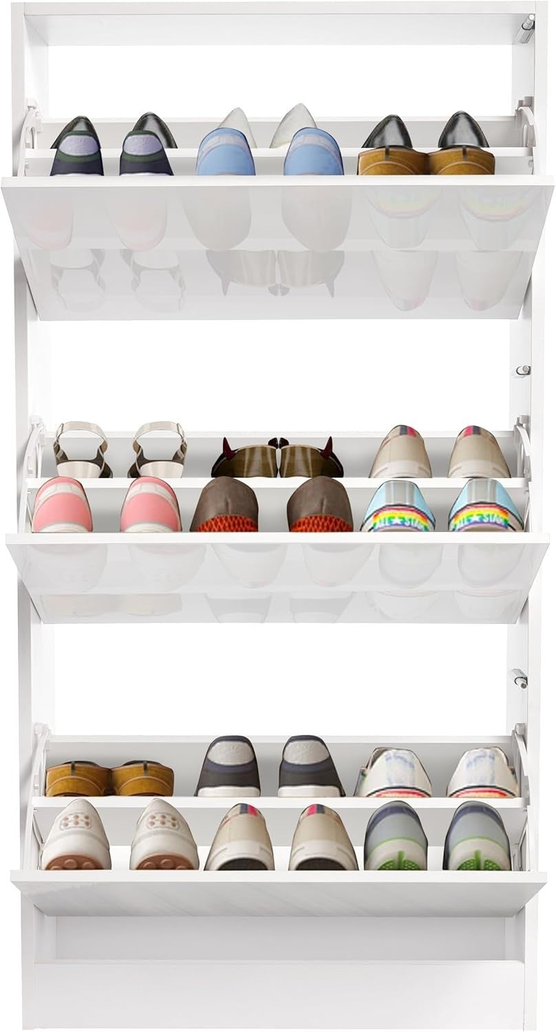 High Gloss 3 Drawer Shoe Cabinet Slim Space-Saving Storage Organizer