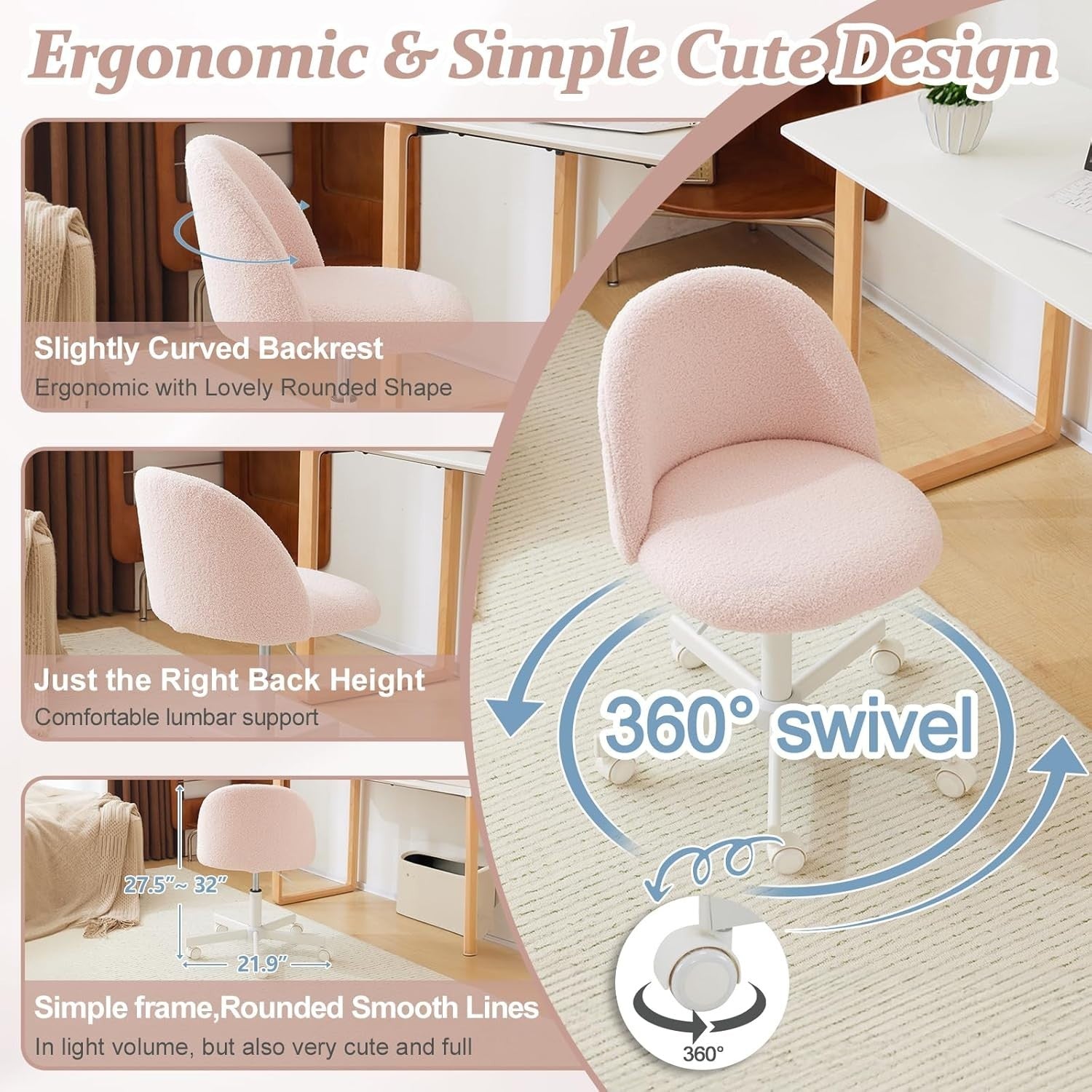 Gentle Pink Teddy Fleece Desk Chair – Adjustable Height Swivel Office Seat