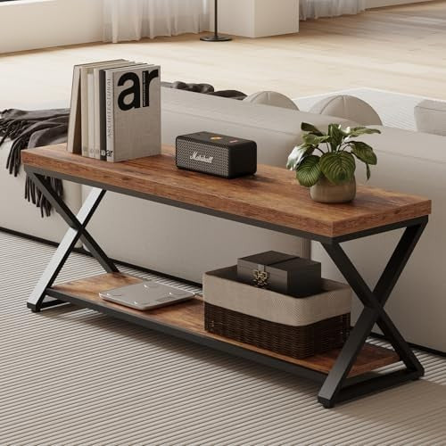 Rustic Brown Wood & Metal Entryway Bench with Shoe Storage Industrial Foyer Seat