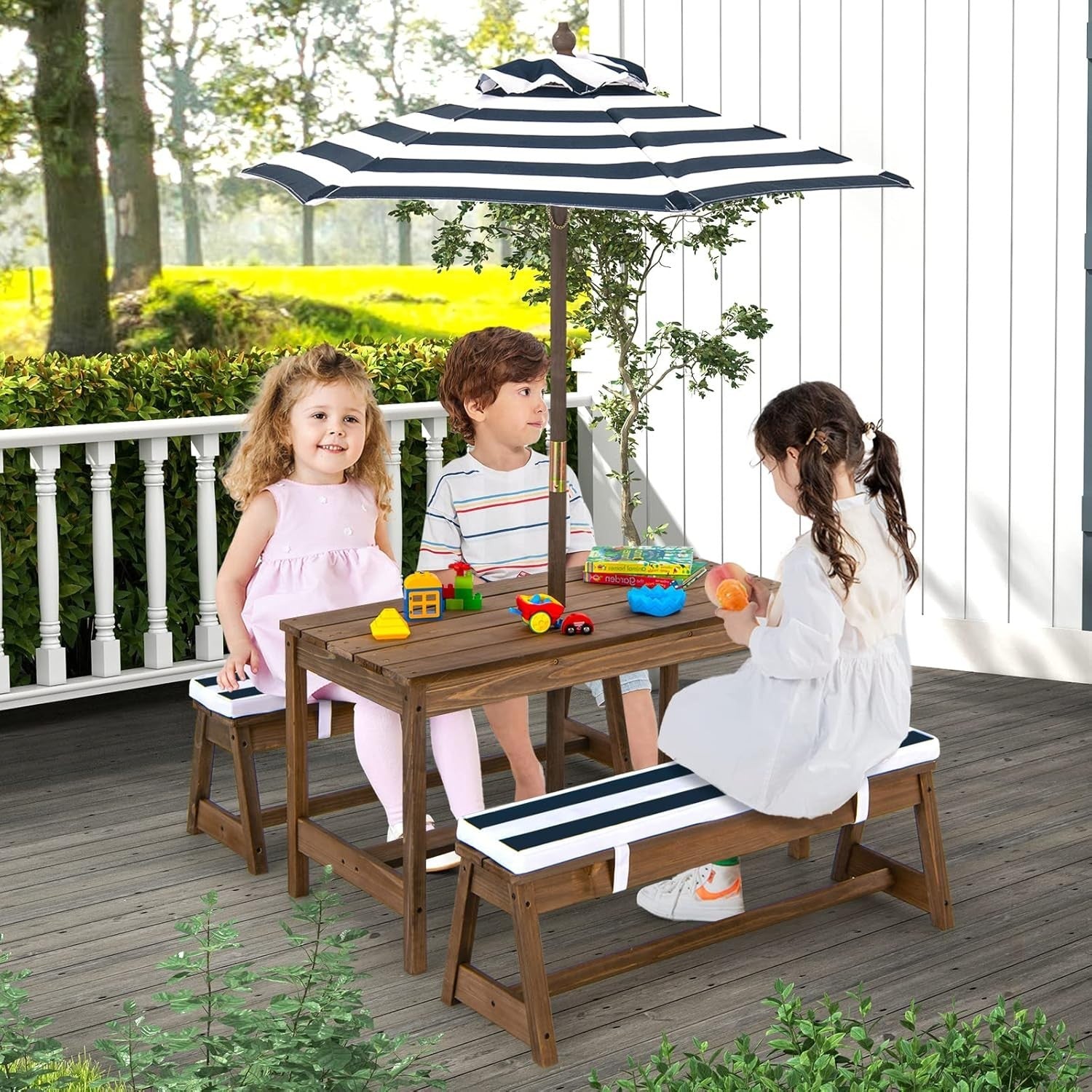 Kids Wooden Picnic Table Bench Set w/ Cushions & Foldable Umbrella Outdoor Blue