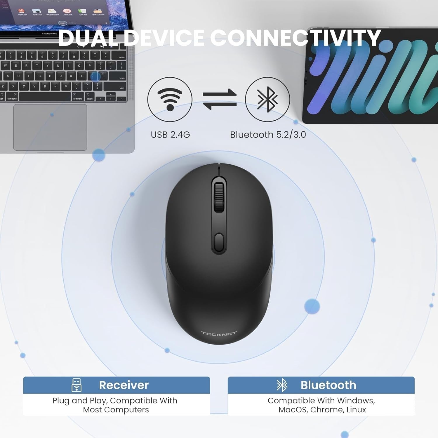Dual Mode Bluetooth Mouse 1600 DPI Silent Ergonomic Wireless Laptop PC