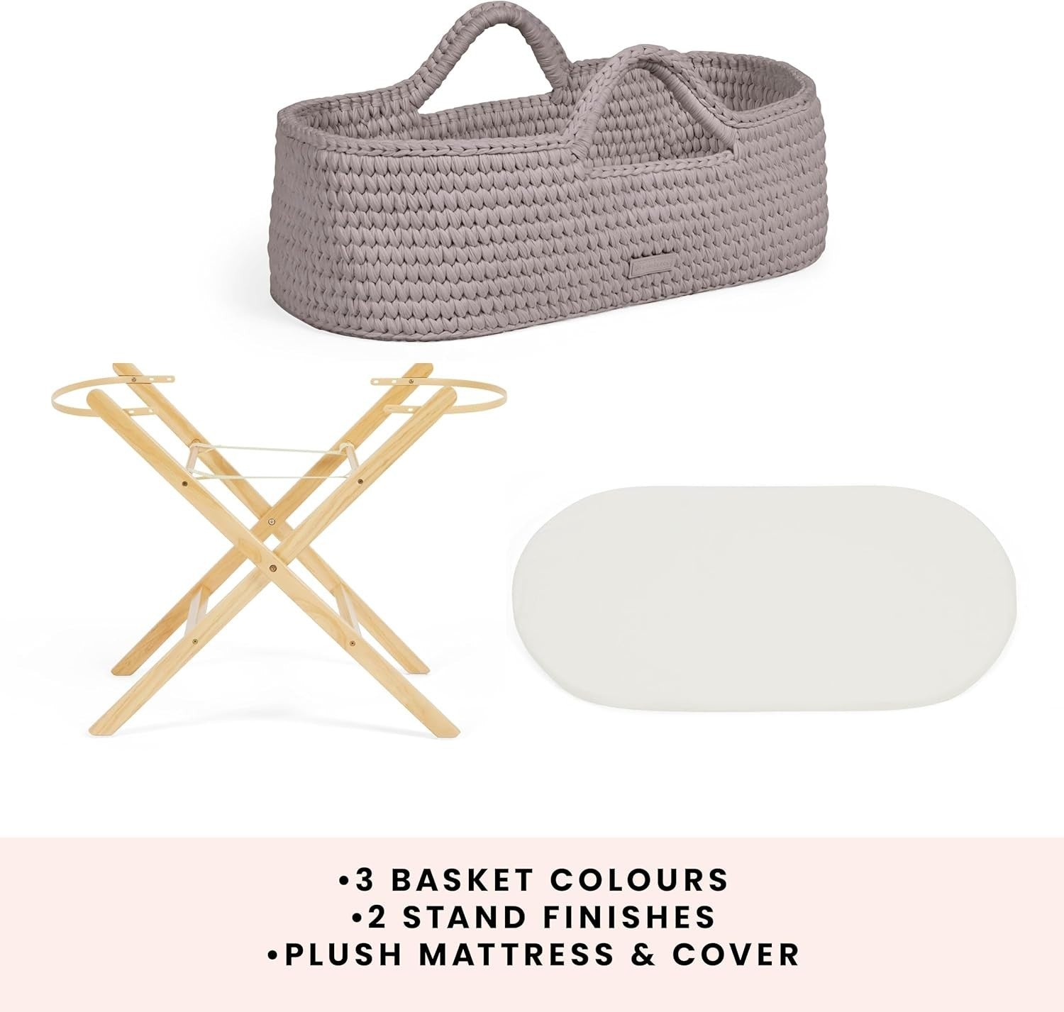 Crochet Moses Basket with Foldable Stand & Mattress Lightweight Tawny Pine