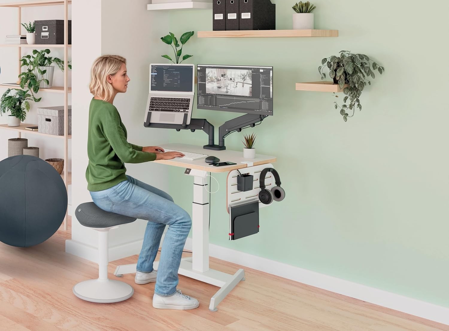 Pneumatic Sit Stand Desk Mobile Height Adjustable Standing Desk Wheels 80x60cm