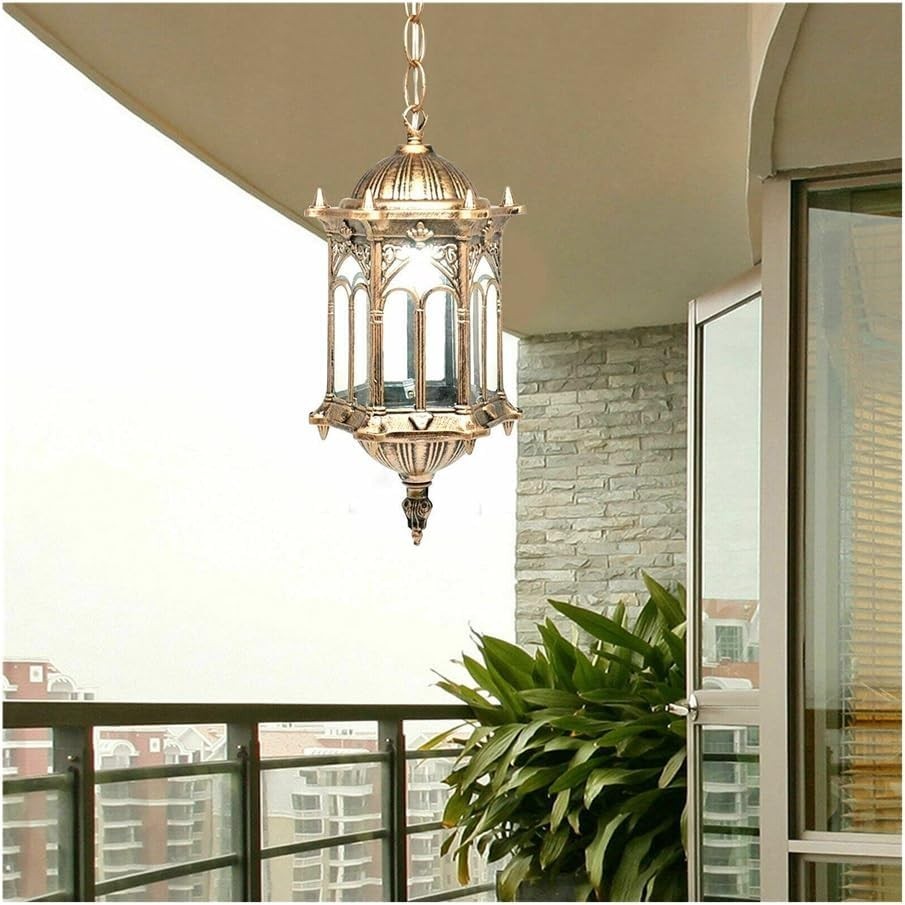 Vintage Outdoor Hanging Lantern, Antique Gold Waterproof Porch Light