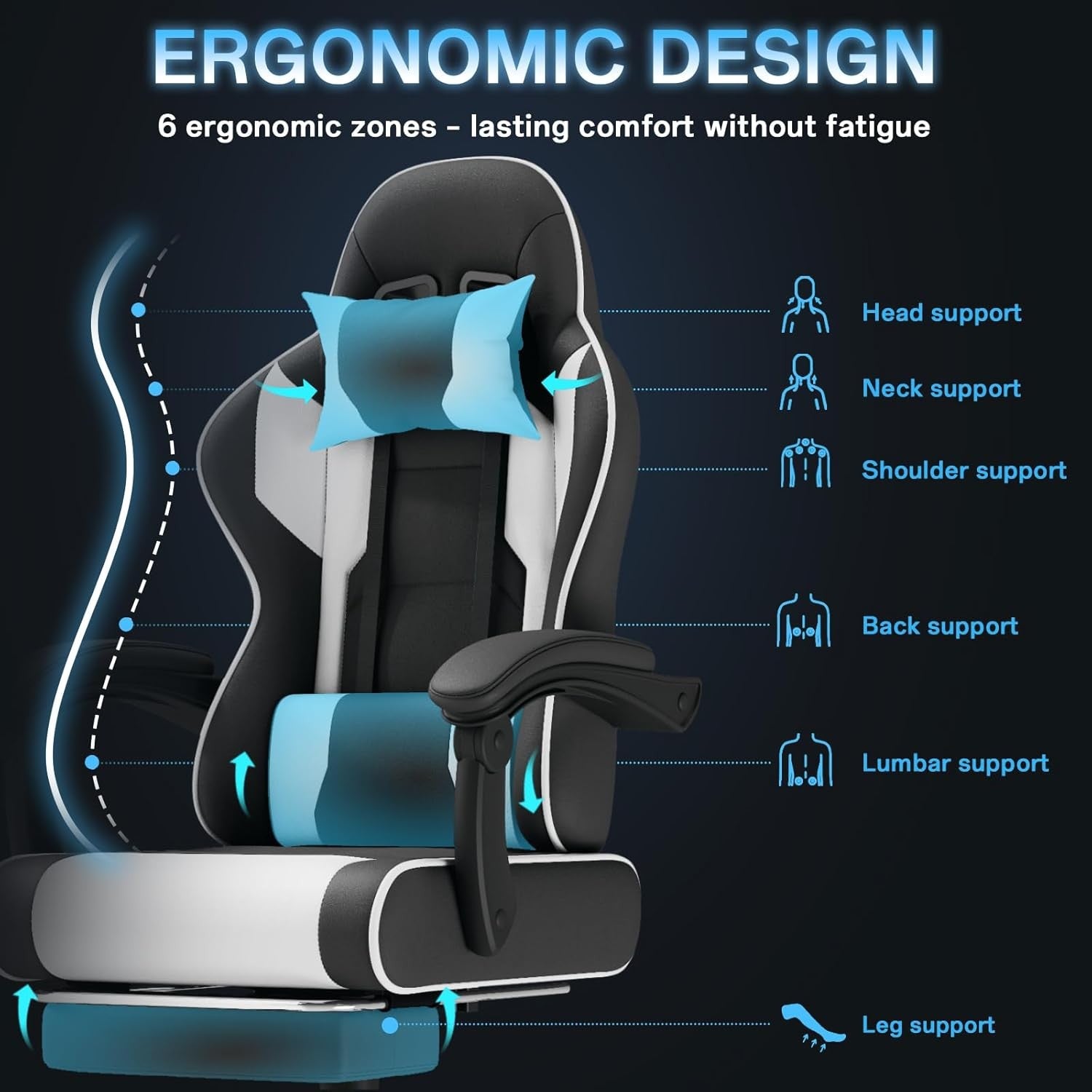Ergonomic Gaming Chair White w/ Footrest Massage Lumbar