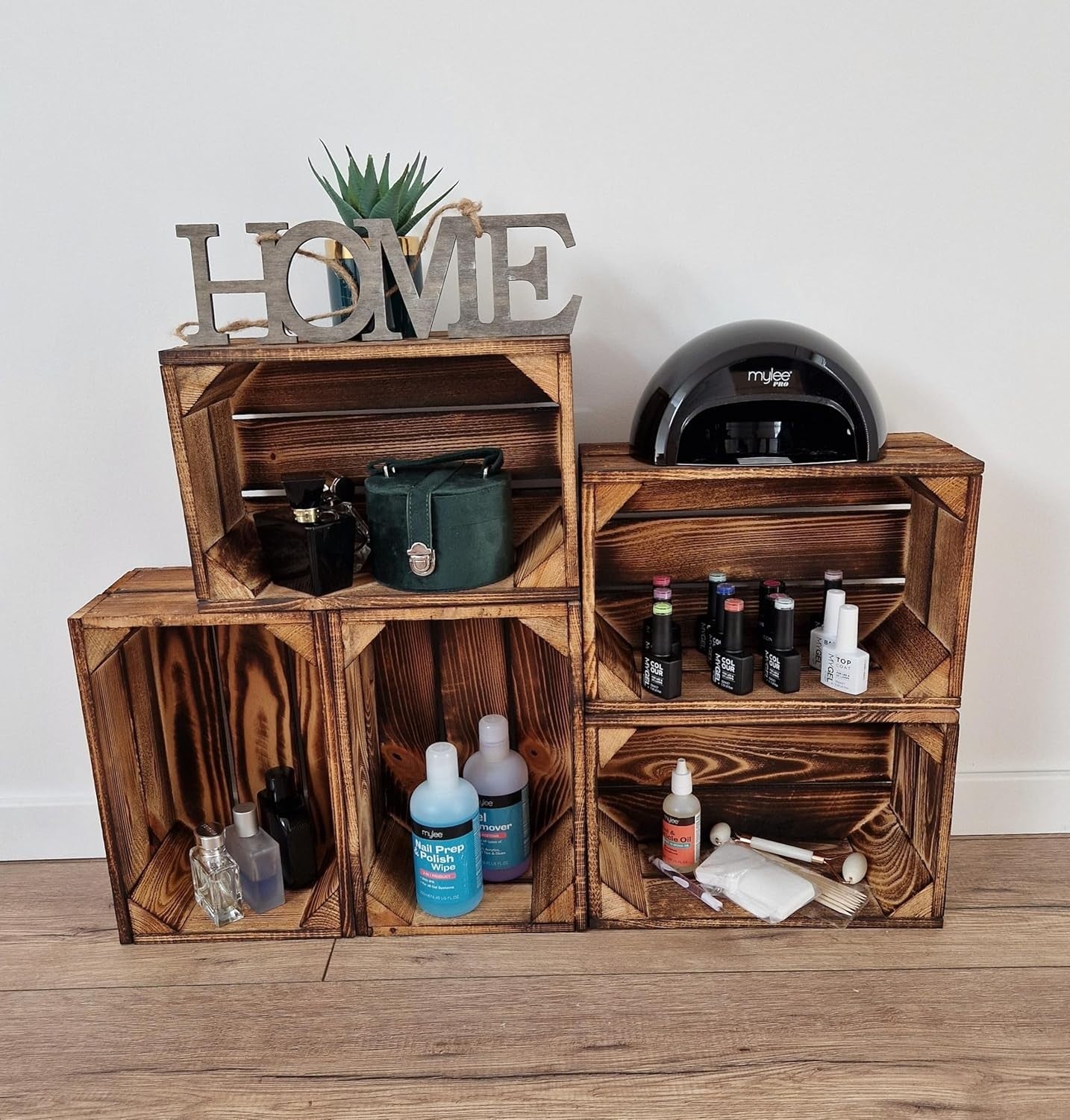 9-Piece Burnt Effect Wooden Storage Crates Organizer 30x20x15cm Durable