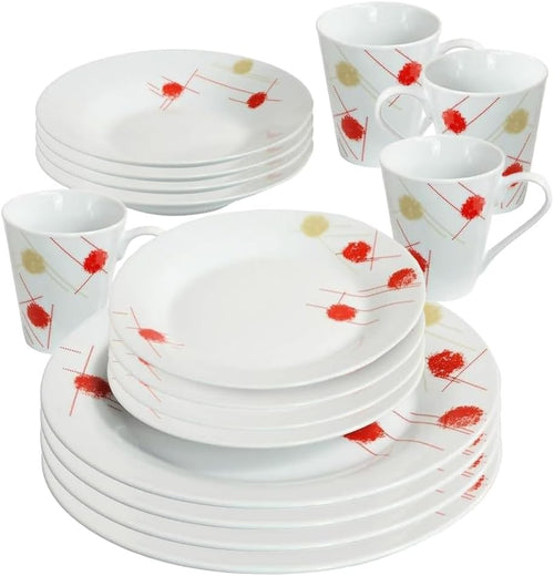 16pc Porcelain Dinner Set Plates Bowls Mugs Cream Red Microwave Safe