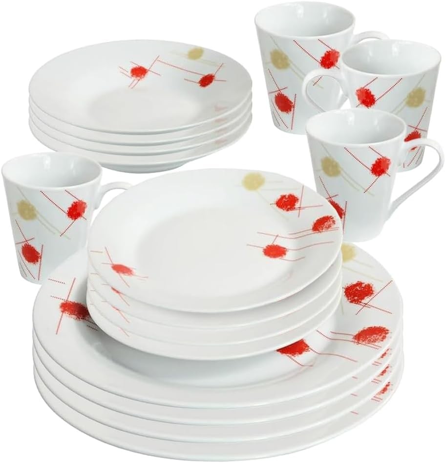 16pc Porcelain Dinner Set Plates Bowls Mugs Cream Red Microwave Safe