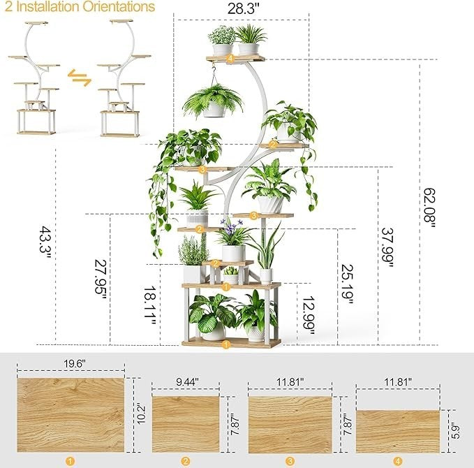 8 Tier S-Shaped Metal Plant Stand with Grow Lights Indoor Outdoor White
