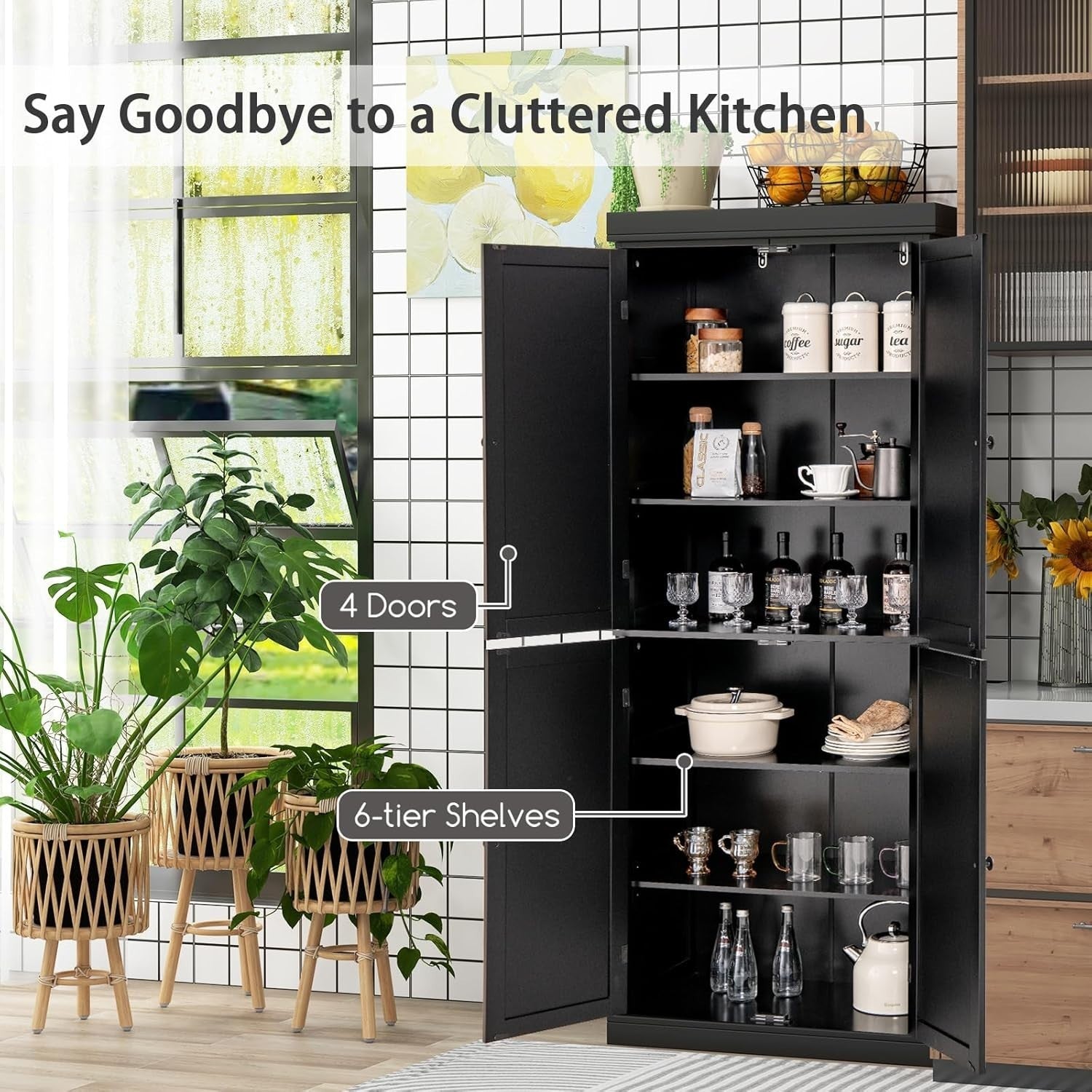 184cm Tall Kitchen Cupboard 6-Tier Pantry Storage Cabinet Black