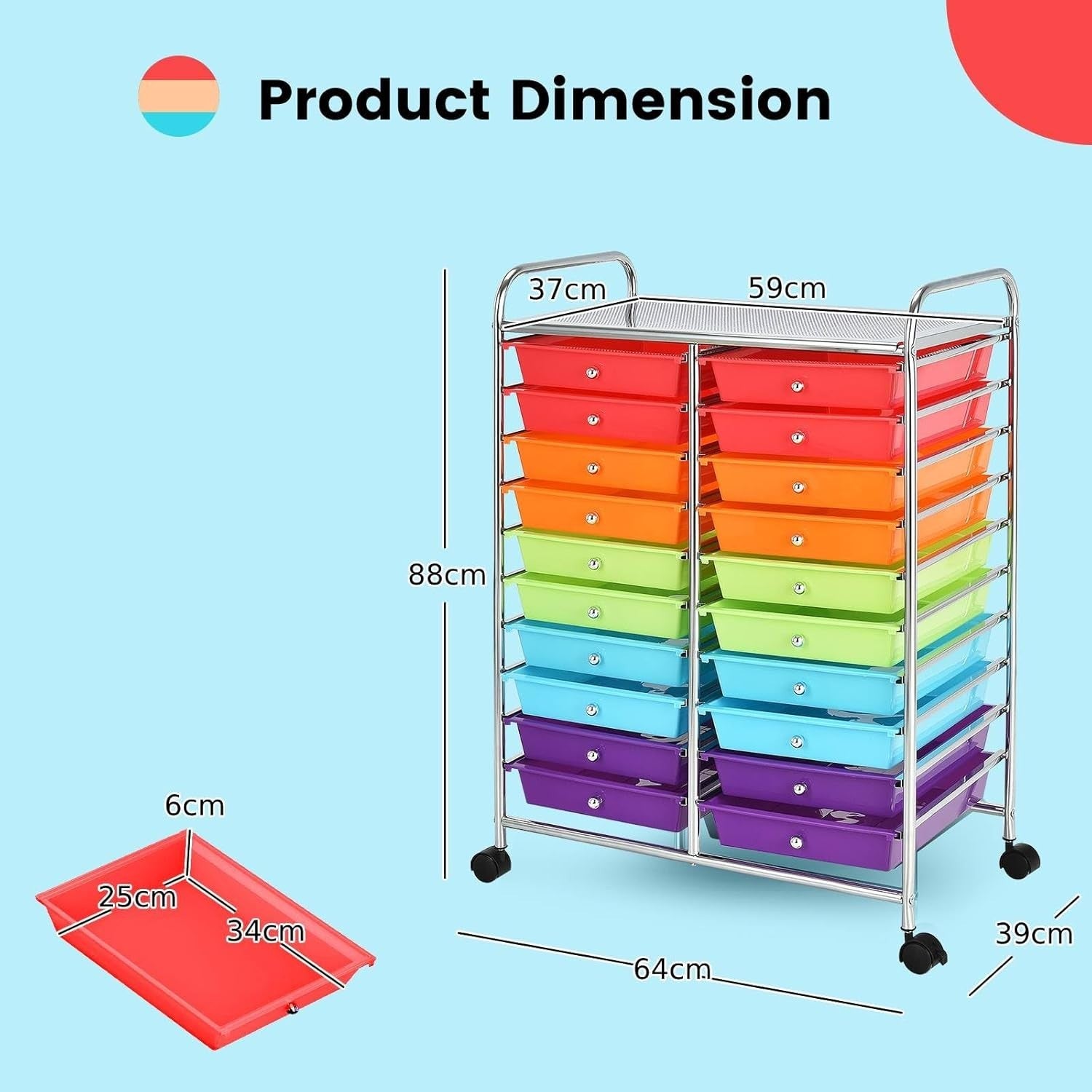 20 Drawer Rolling Storage Cart Mobile Organizer Trolley Multicolor