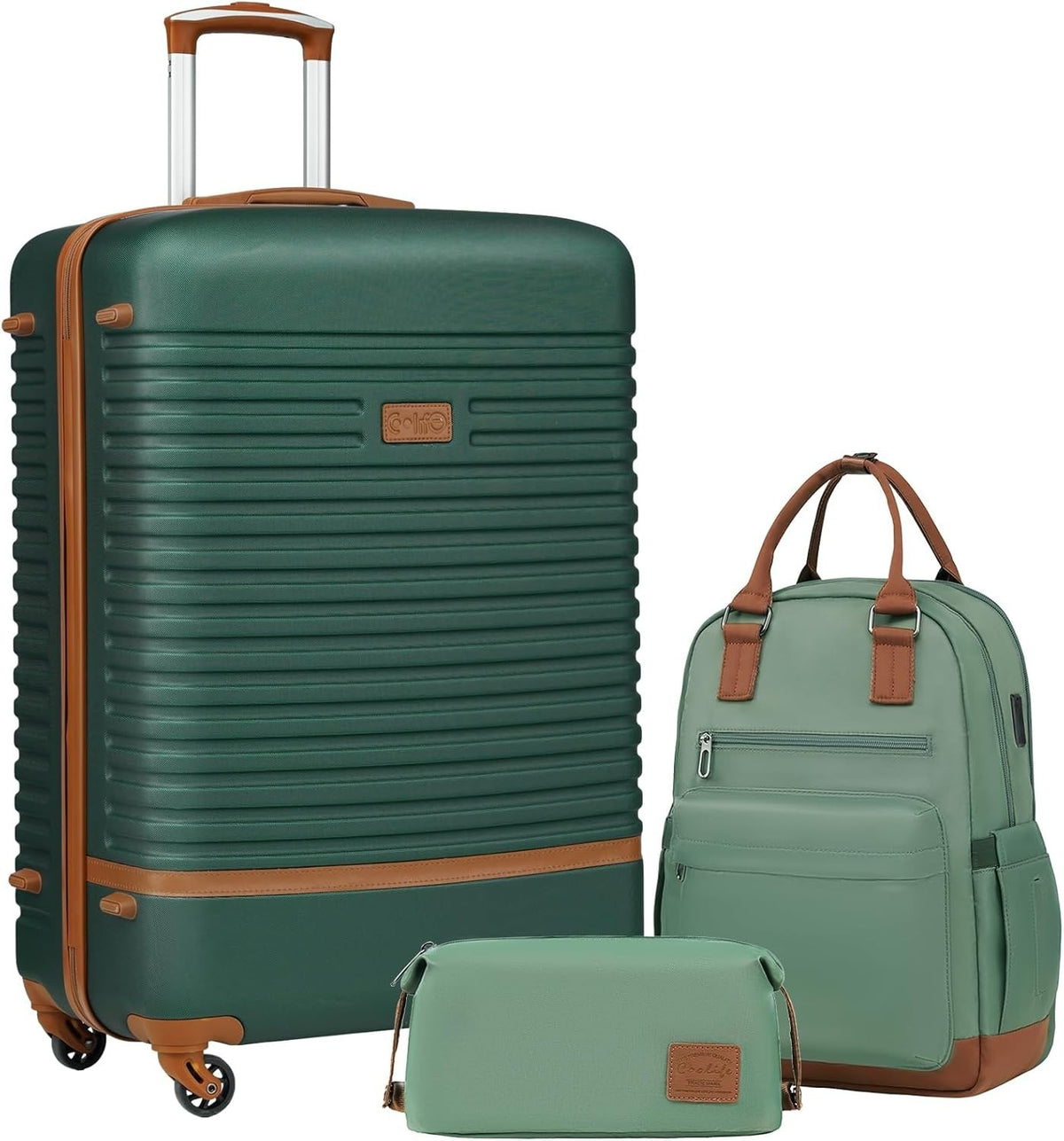 24'' Green Brown Luggage Set Hard Shell TSA Lock 360 Spinner + Backpack