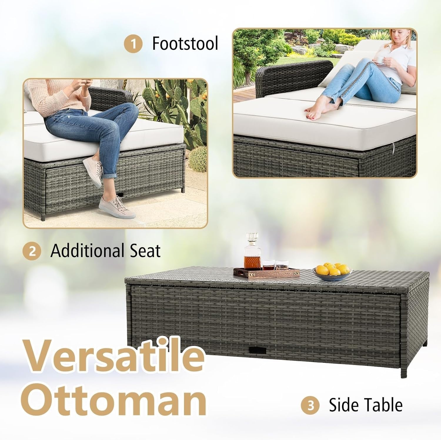 White+Grey 2-Seater Rattan Daybed Outdoor with Adjustable Back & Ottoman