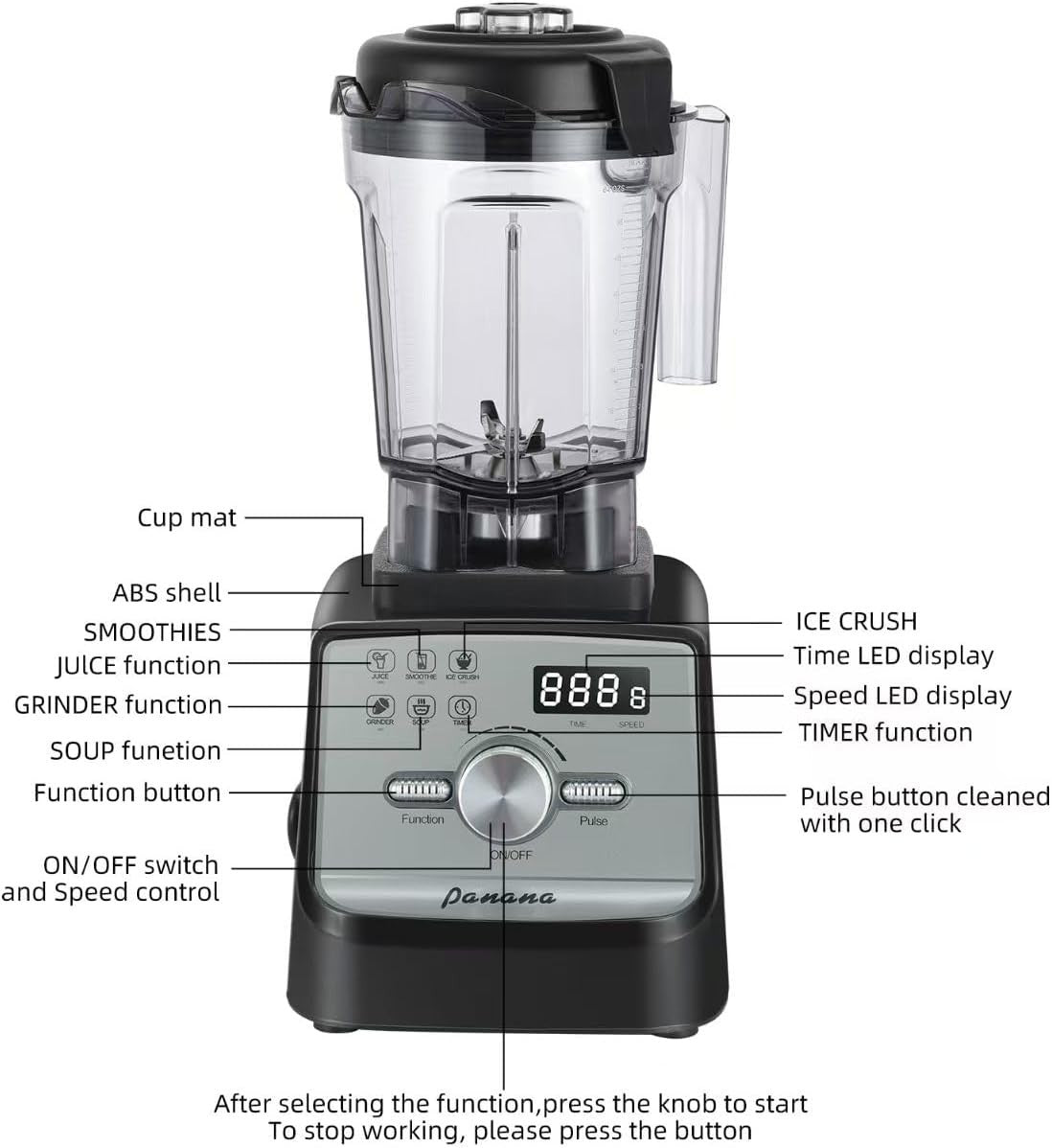 High Power 2200W Smoothie Blender 1.93L Jug Ice Crush Food Mixer