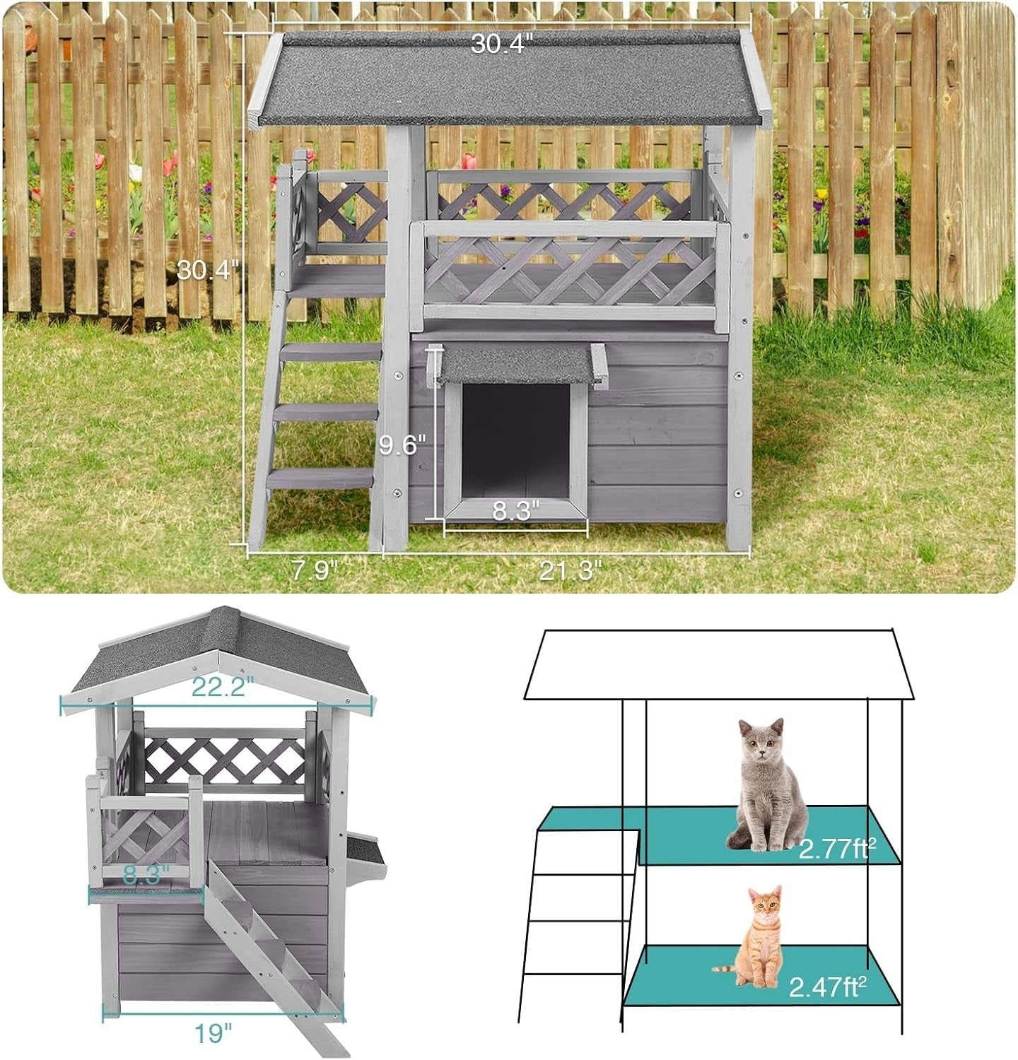 Weatherproof 2-Story Outdoor Cat House with Balcony & Side Stairs 30"L