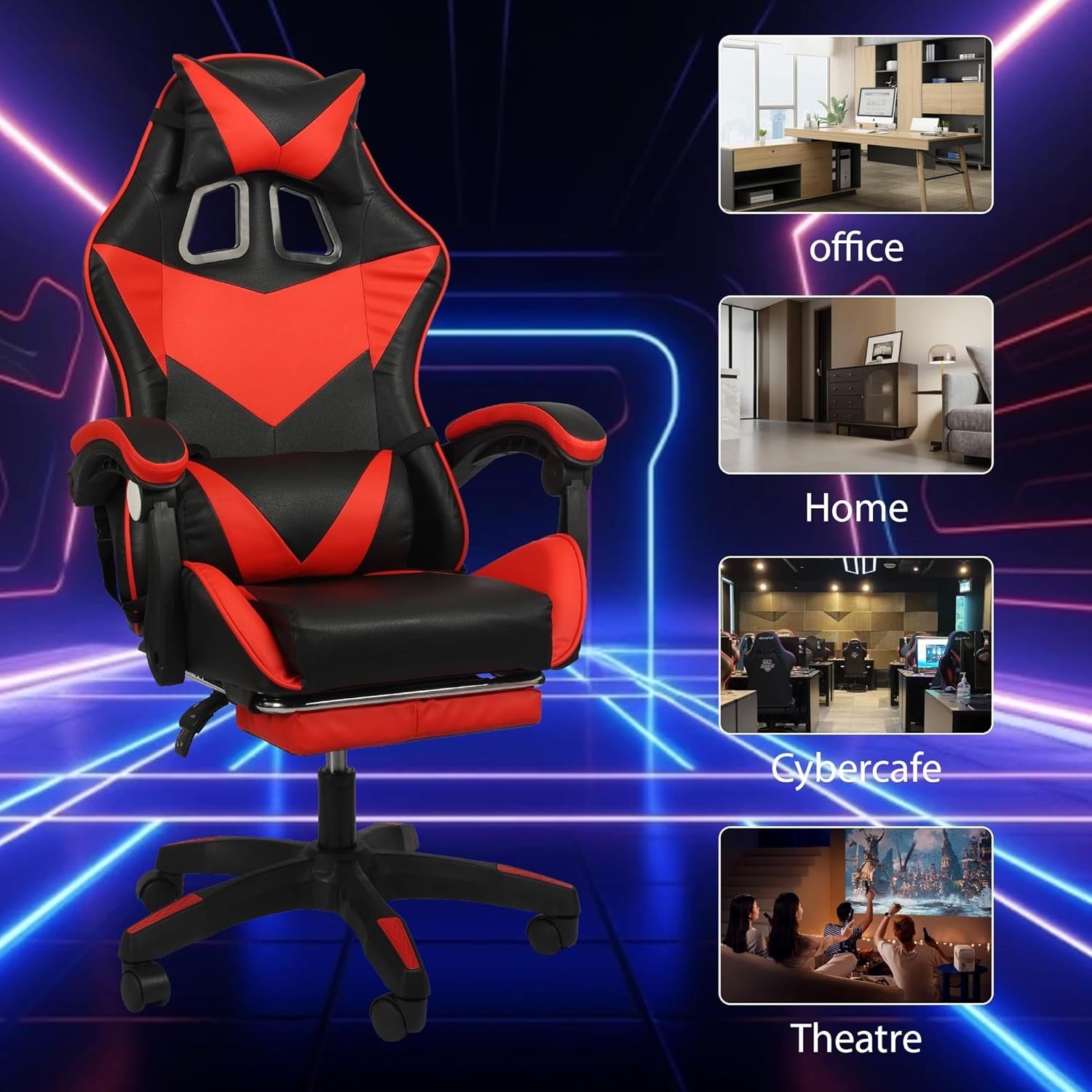 Ergonomic Gaming Chair Reclining Footrest Red Black Office