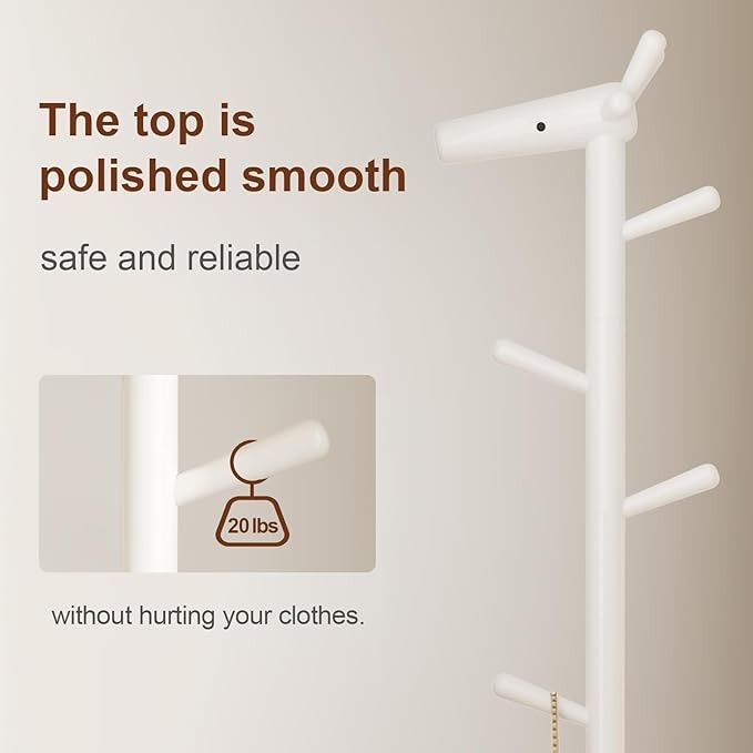 White Wooden Coat Rack Stand | 5 Hooks with Storage Basket Hall Tree