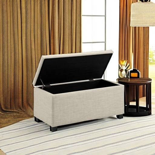 Beige Upholstered Storage Ottoman Bench Soft Close Lid Fabric Seat Box 90x42x43