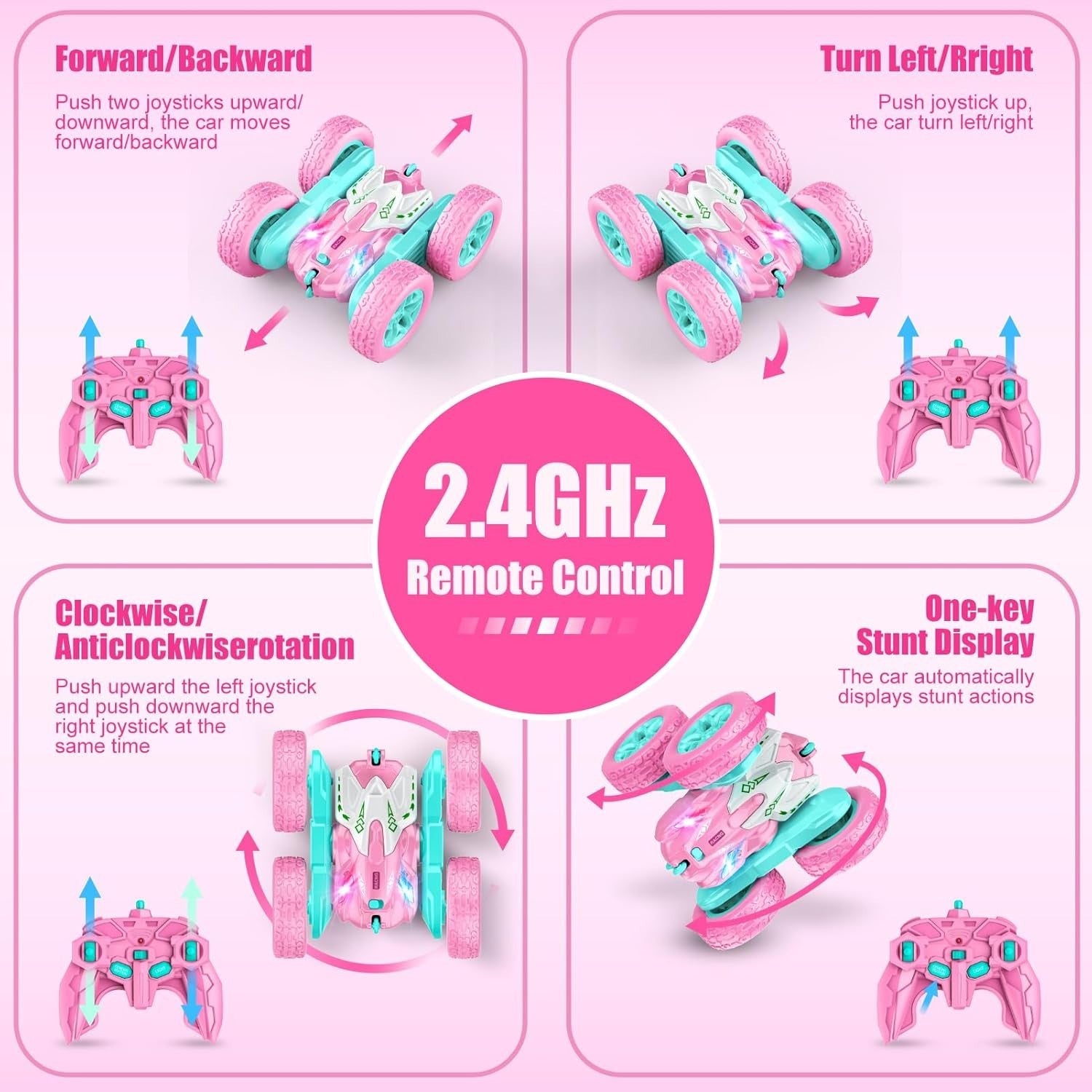 Pink 360° Flip RC Stunt Car for Girls | 2.4GHz Remote Control Off-Road Vehicle