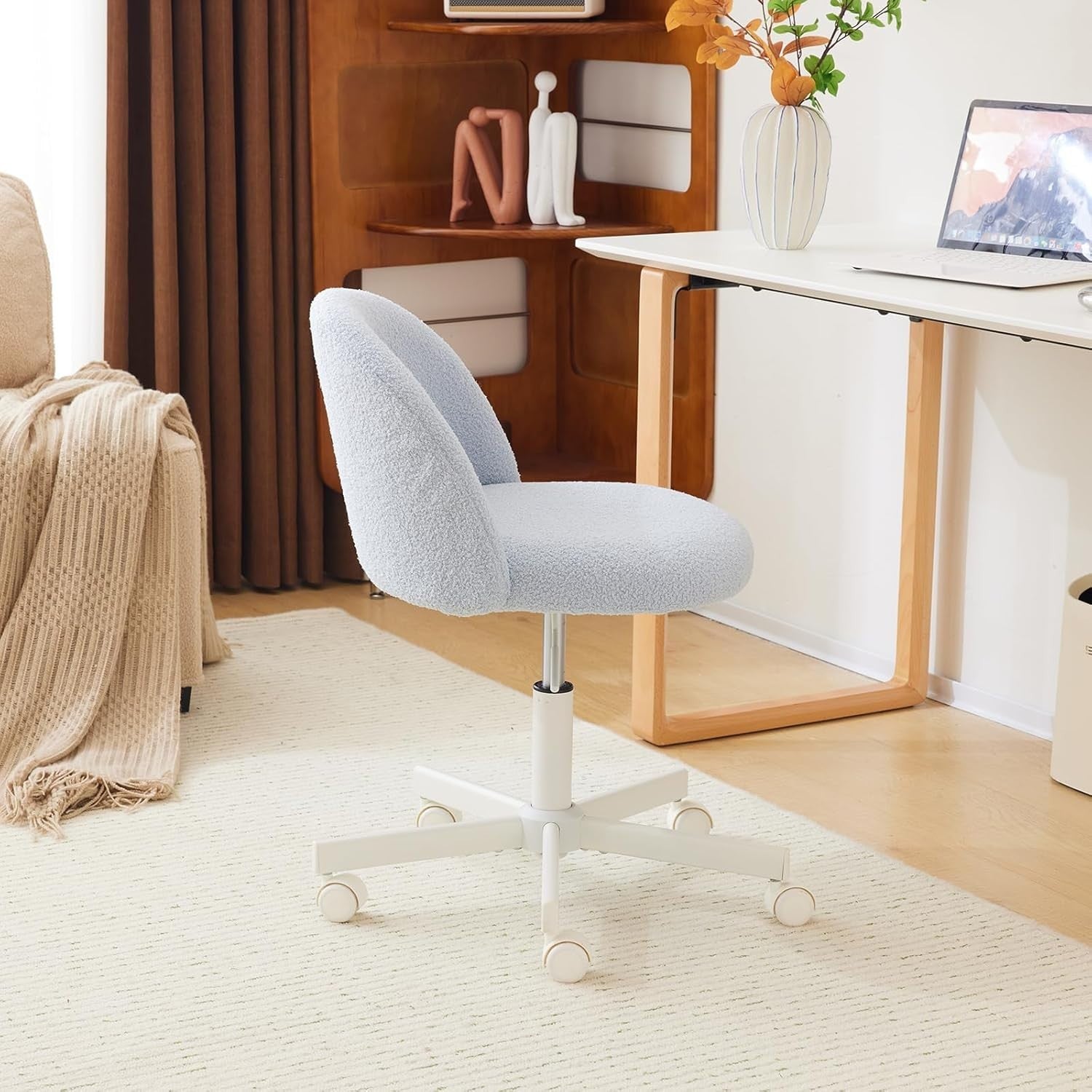 Light Blue Swivel Desk Chair Small Teddy Fleece Adjustable Vanity Seat