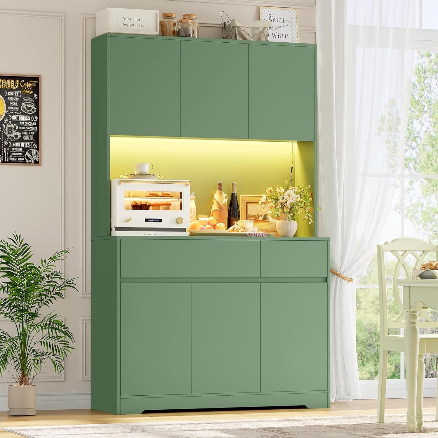 Green 180cm Tall Kitchen Cupboard 6 Doors 2 Drawers LED & Power Outlet