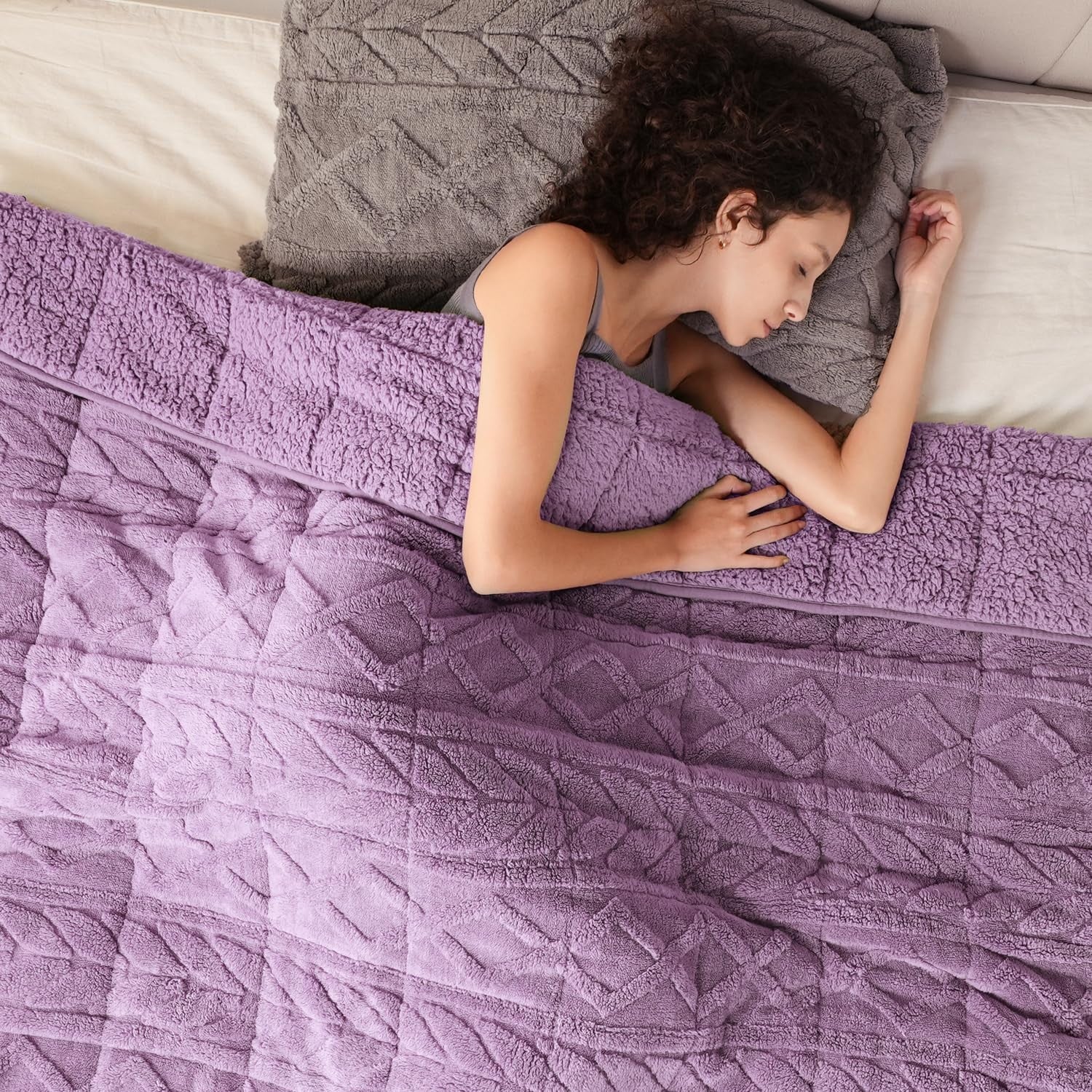 Weighted Blanket 15lb Jacquard Sherpa Cozy Sleep Aid 60x80 Purple Queen