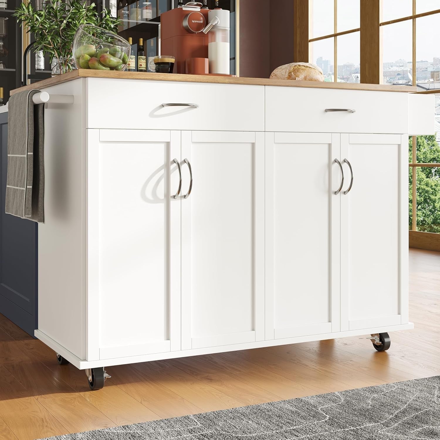 Rolling Kitchen Island Trolley with Foldable Sideboard, Drawers & Spice Rack