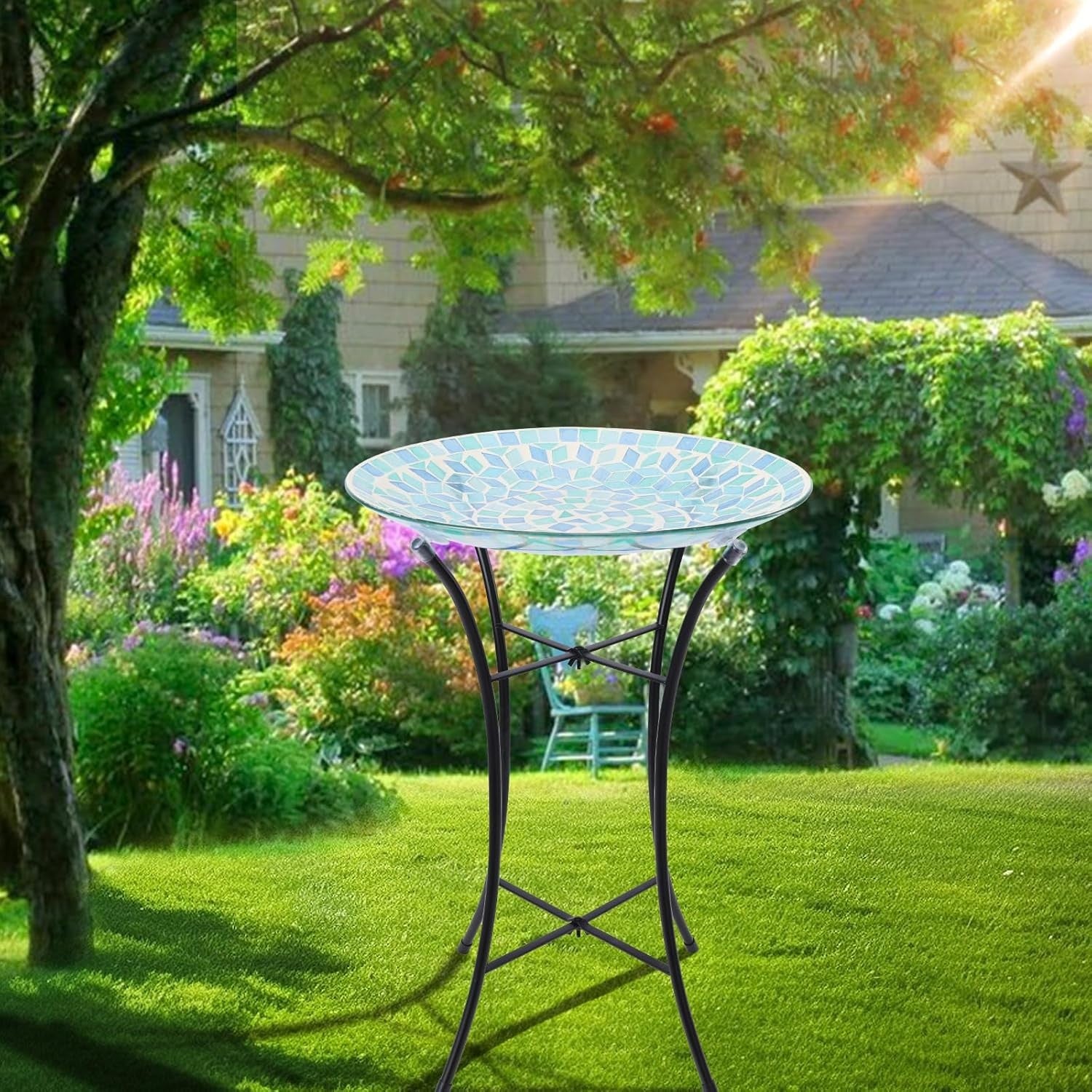 Blue Mosaic Bird Bath | 14" Glass Garden Bowl with Sturdy Metal Stand