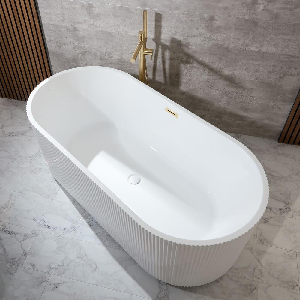 White Double Ended Freestanding Fluted Bath 1700x800mm Brass Overflow