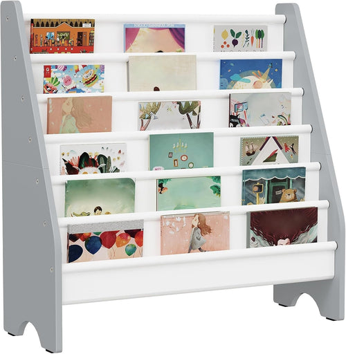 6 Tier Kids Bookshelf White Gray Large Capacity Sling Book Organizer