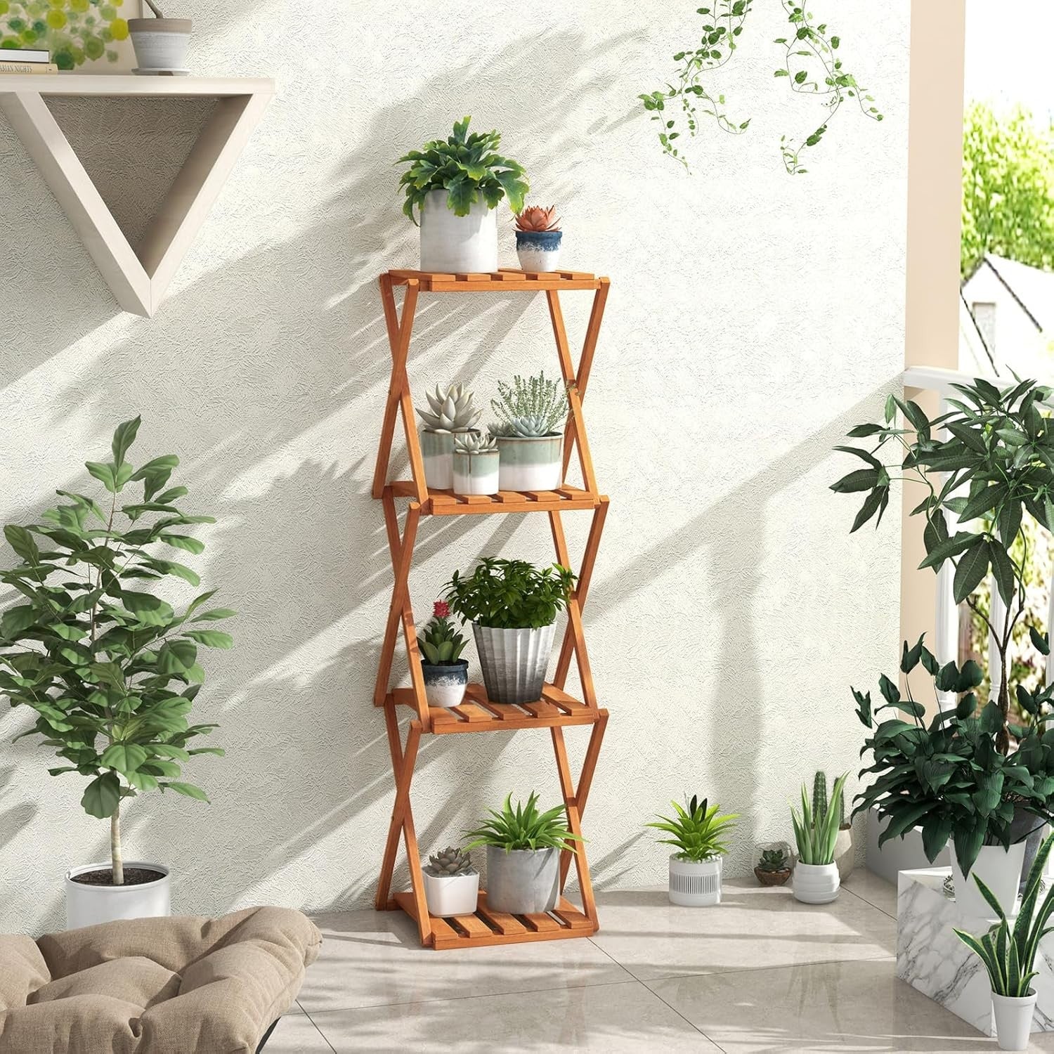 4-Tier Folding Plant Stand Tall Wooden Indoor Outdoor Corner Shelf Rack