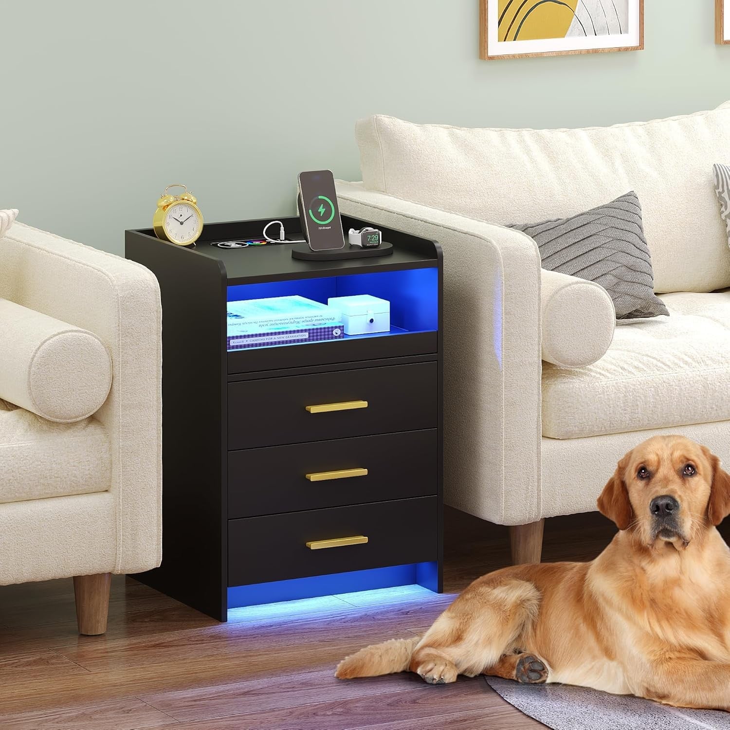 Black Bedside Table with LED Light, Charging Ports & 3 Drawer Storage Unit
