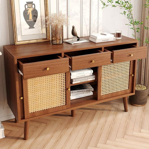 Retro Rattan Sideboard Cabinet 3 Drawer 3 Door Wooden Storage for Living Room