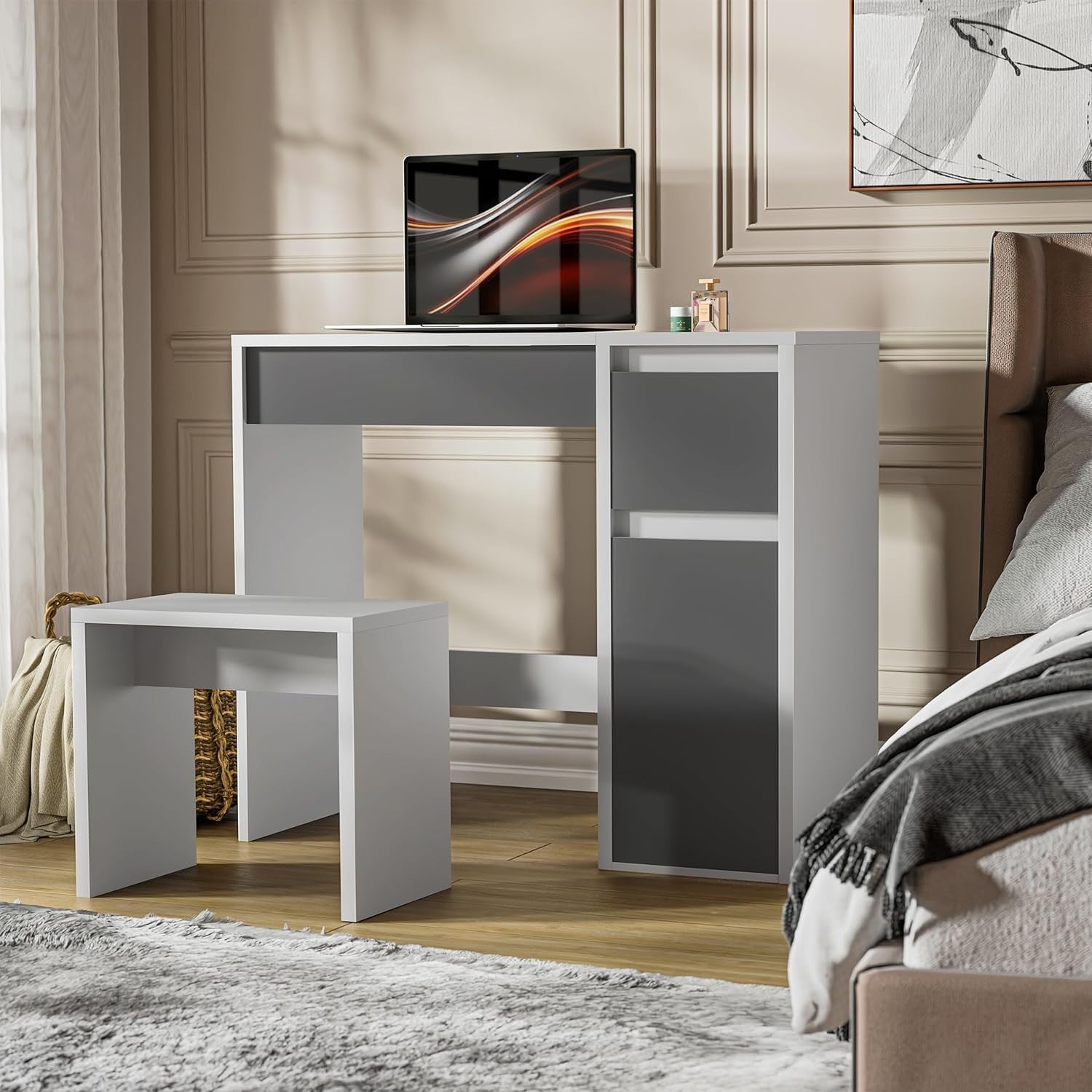 Vanity Dressing Table Set w/Flip-Up Mirror Desk Stool Drawer Hidden Storage Grey