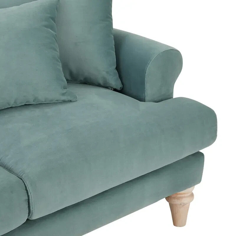 Teal Velvet 2 Seater Sofa Scatter Cushions Deep Seat Scroll Arms Wood Legs