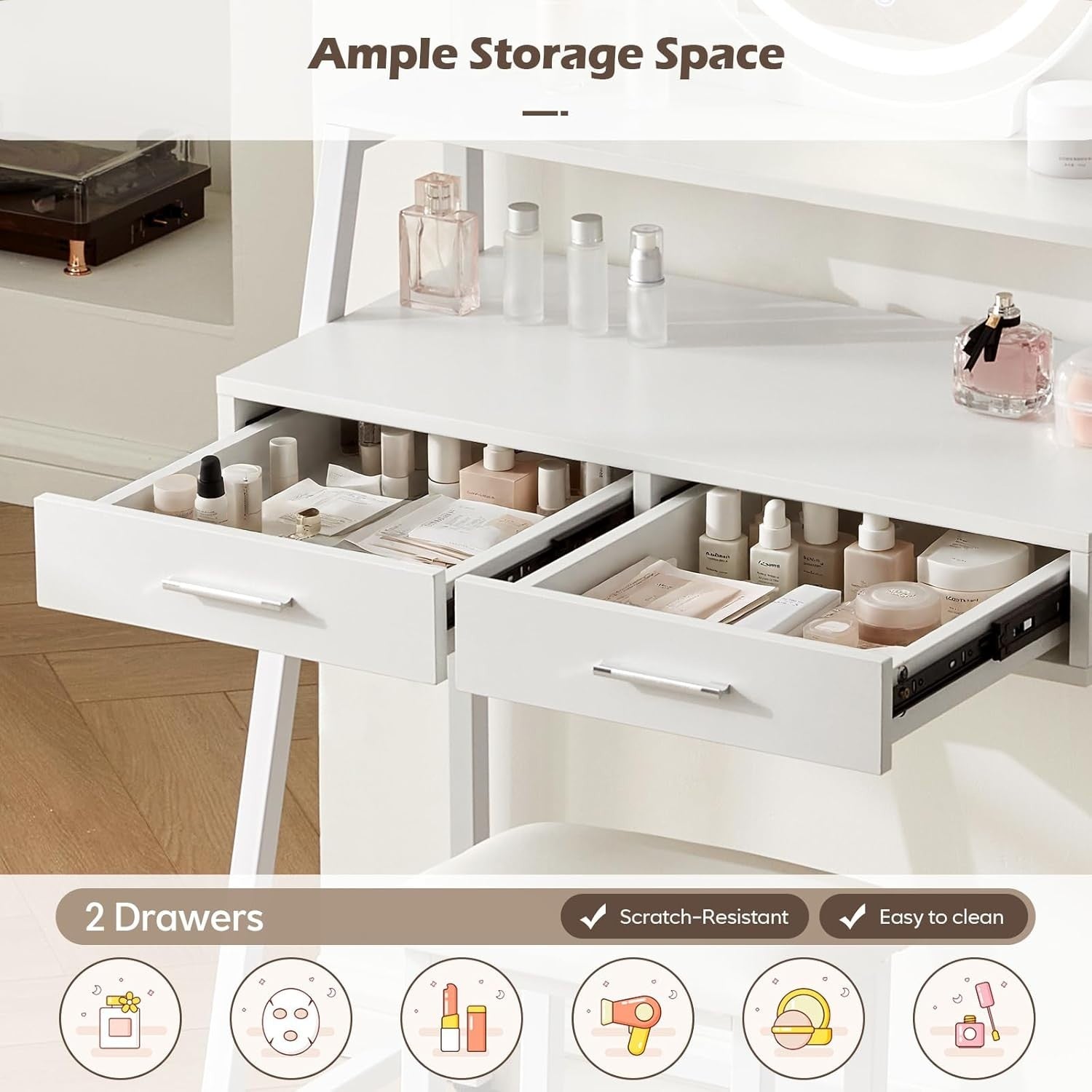European Makeup Vanity Desk Lighted Mirror LED 3 Color 4 Drawers Storage Shelf