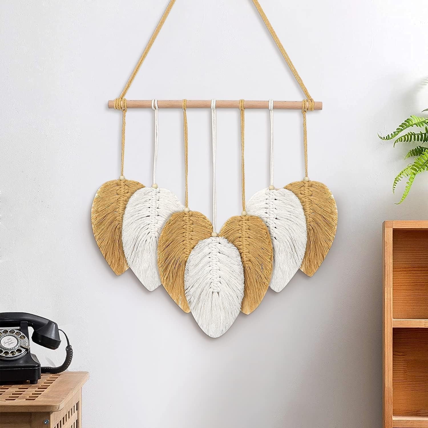 Yellow Macrame Wall Hanging Boho Leaf Feather Tapestry 40x45cm
