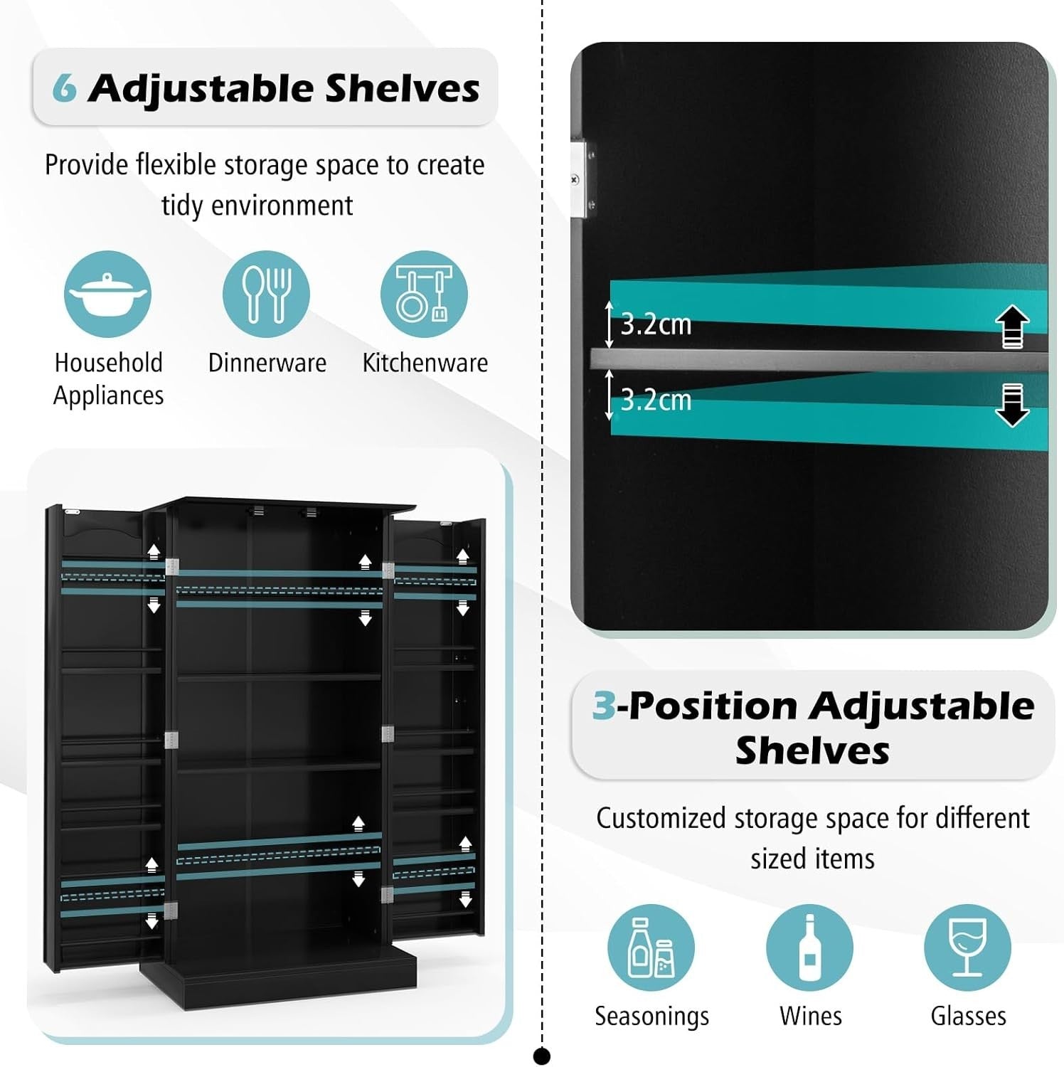 Compact Black Pantry Cabinet with 2 Doors and 17 Storage Shelves