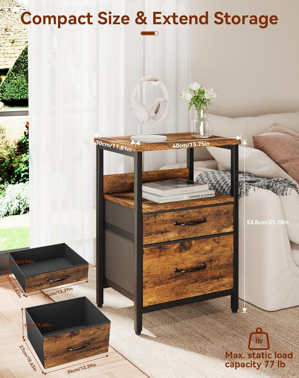 Rustic Brown Bedside Table with 2 Drawers & Open Shelf – Metal Frame Storage Uni