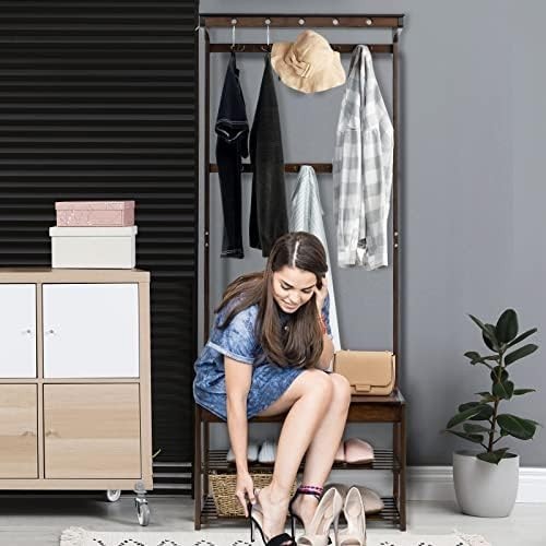 3-in-1 Bamboo Coat Rack Stand with Shoe Storage & Hooks for Entryway