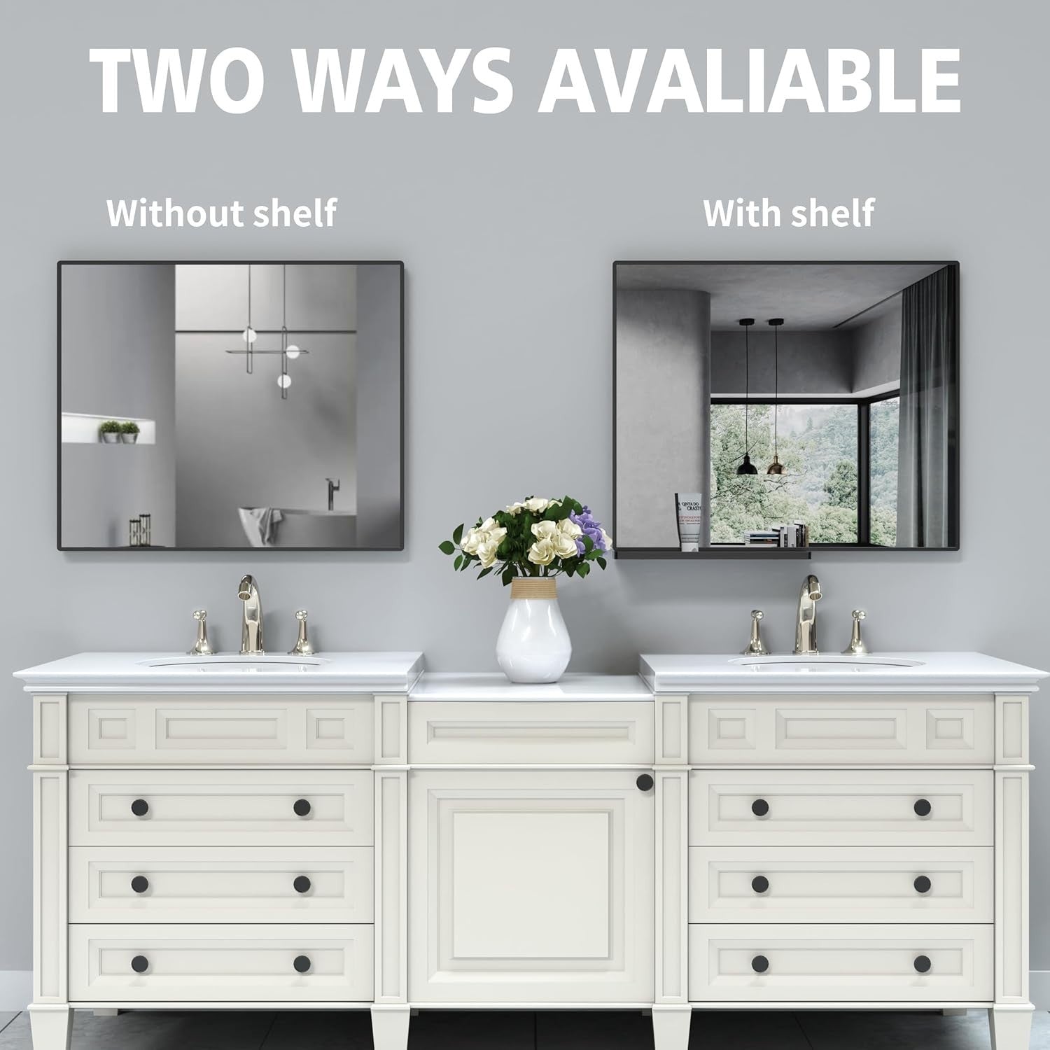 Black Bathroom Wall Mirror with Shelf 91x78cm | Modern, Anti-Fog, Easy Mount