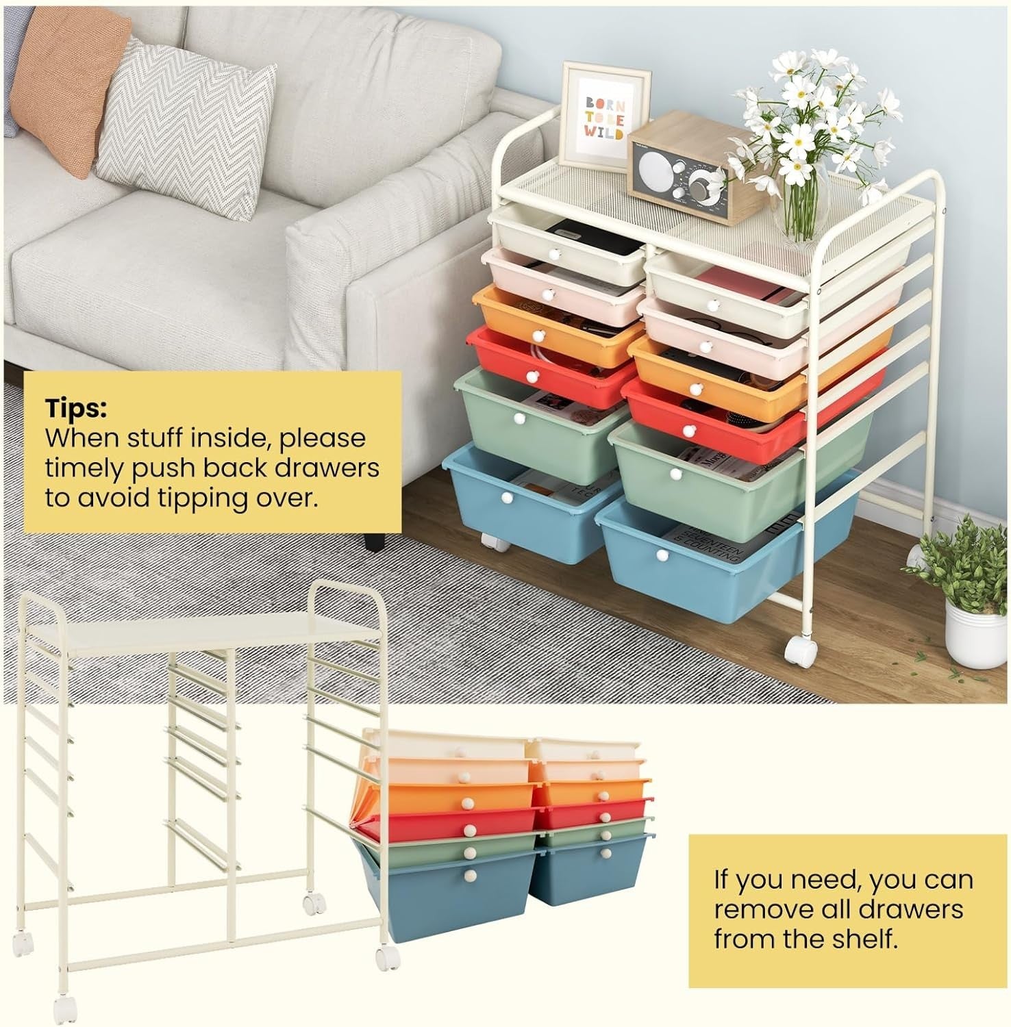 12 Drawer Colorful Rolling Storage Cart Mobile Organizer with Wheels