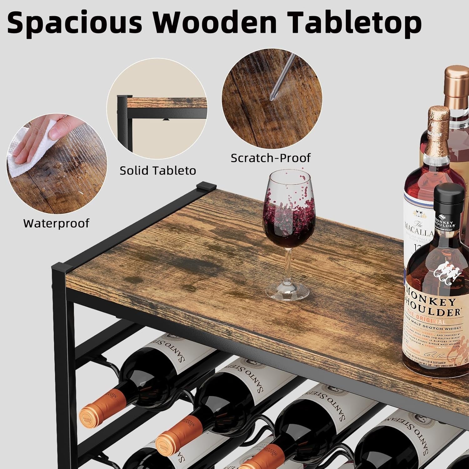 6-Tier Wine Rack for 30 Bottles with Wooden Top & Glass Holder