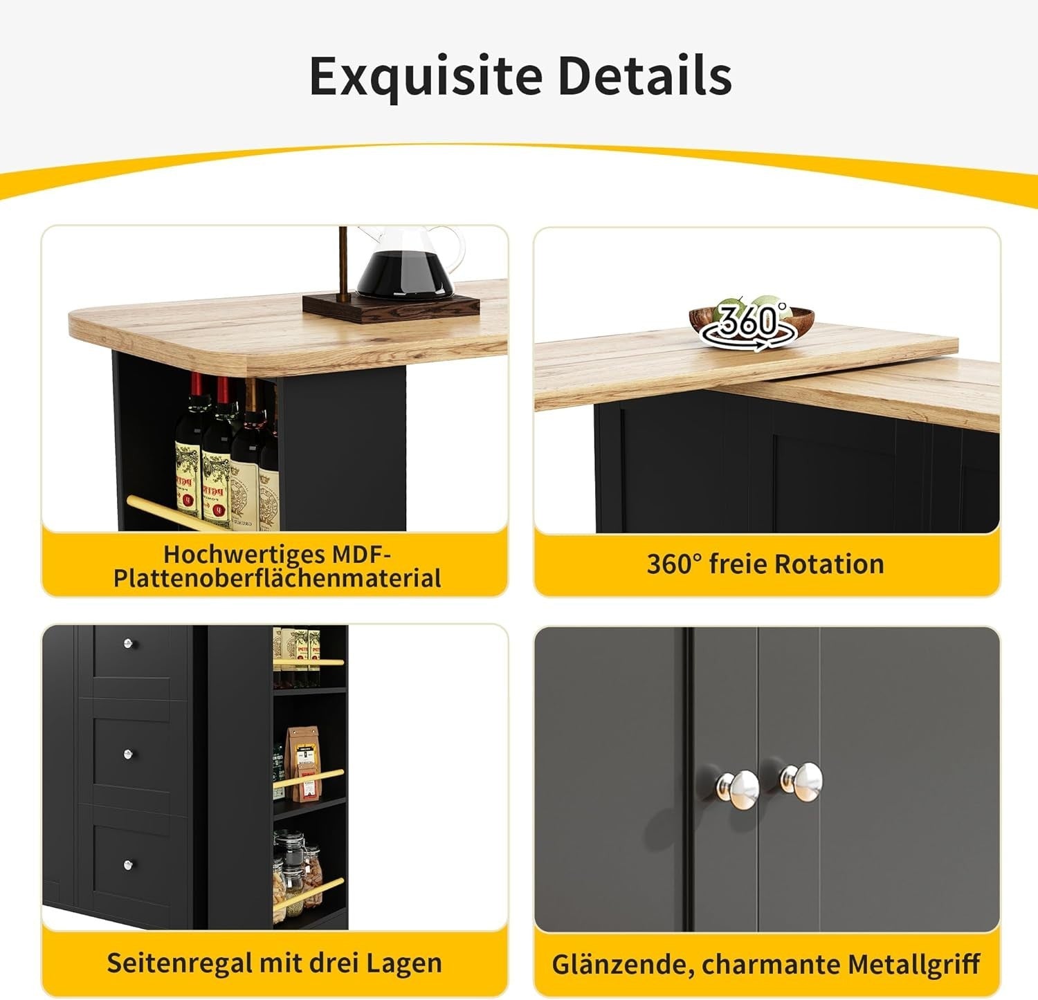 Mobile Kitchen Island w/ 3 Drawers, 360° Swivel & Storage Shelves 209cm