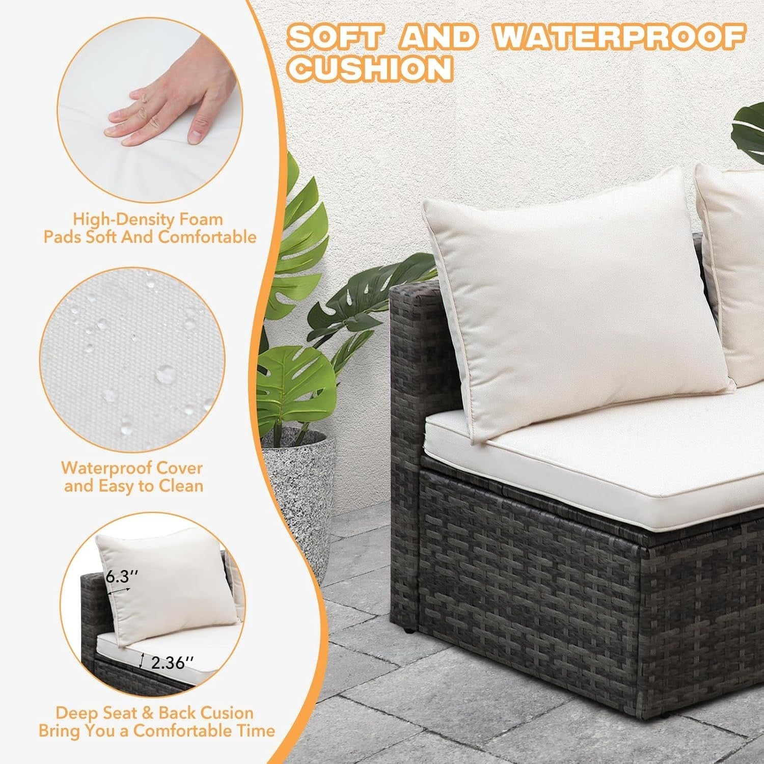 3pc Rattan Garden Sofa Set L-Shape Patio Furniture with Table Grey Cushions