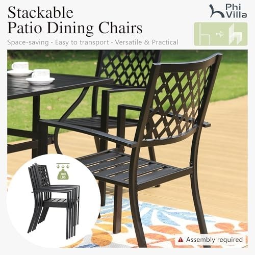 5-Piece Garden Patio Dining Set Stackable Metal Chairs Round Table Black
