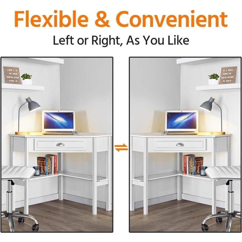 White Corner Desk 106cm L-Shaped Table with Drawer & Shelves for Small Room
