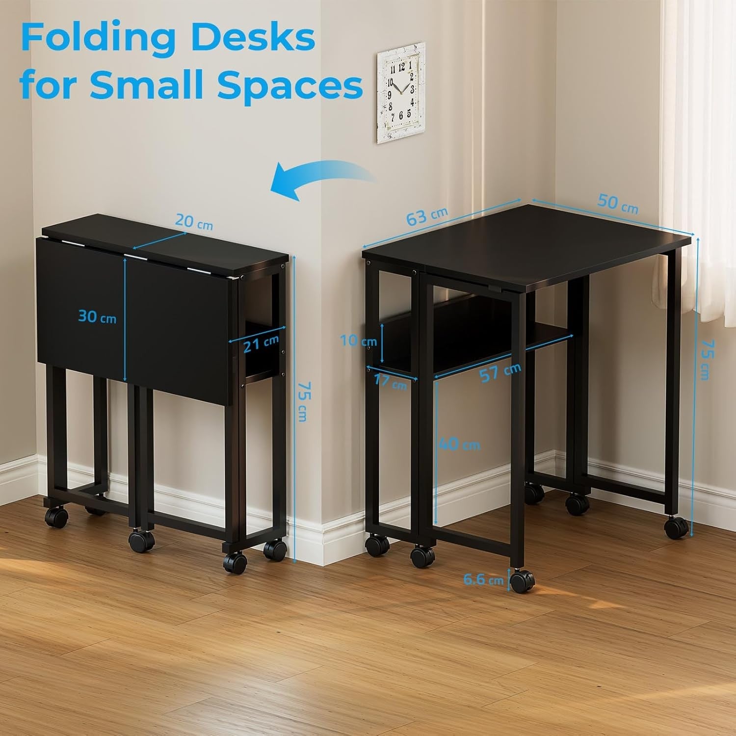 Folding Computer Desk 63cm with Storage Shelf Rolling Home Office Table