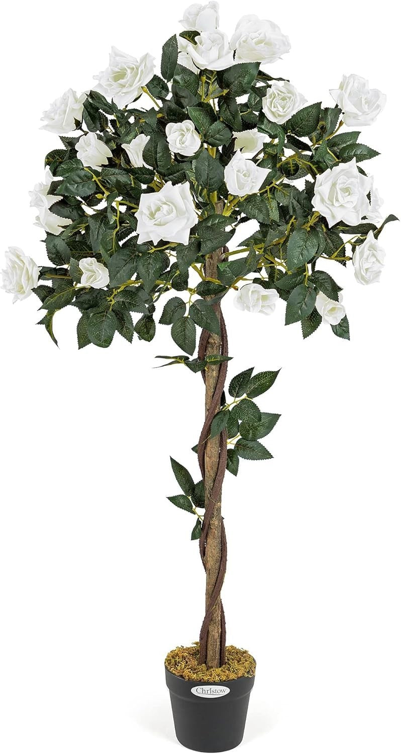4ft Artificial Cream Rose Tree Twisted Trunk Potted Indoor Outdoor Home Decor