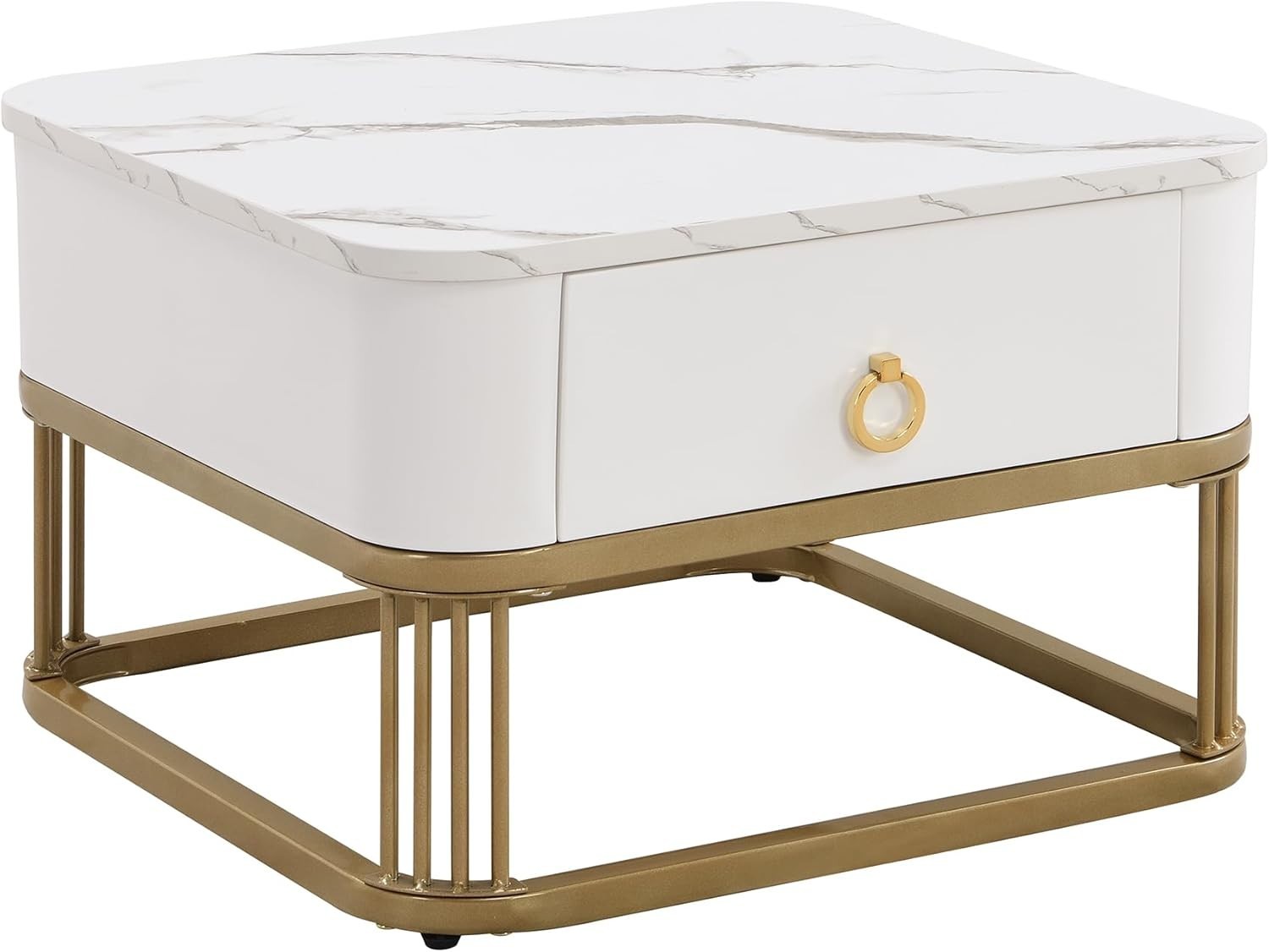 Square White Marble Nesting Coffee Table Set with Drawer – Gold Legs, Modern